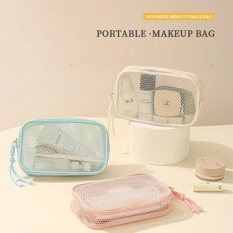 sac à cosmétiques en nylon décontracté, à main, avec fermeture éclair, sacs à maquillage en maille, sacs de toilette multifonctionnels en maille, pour femmes