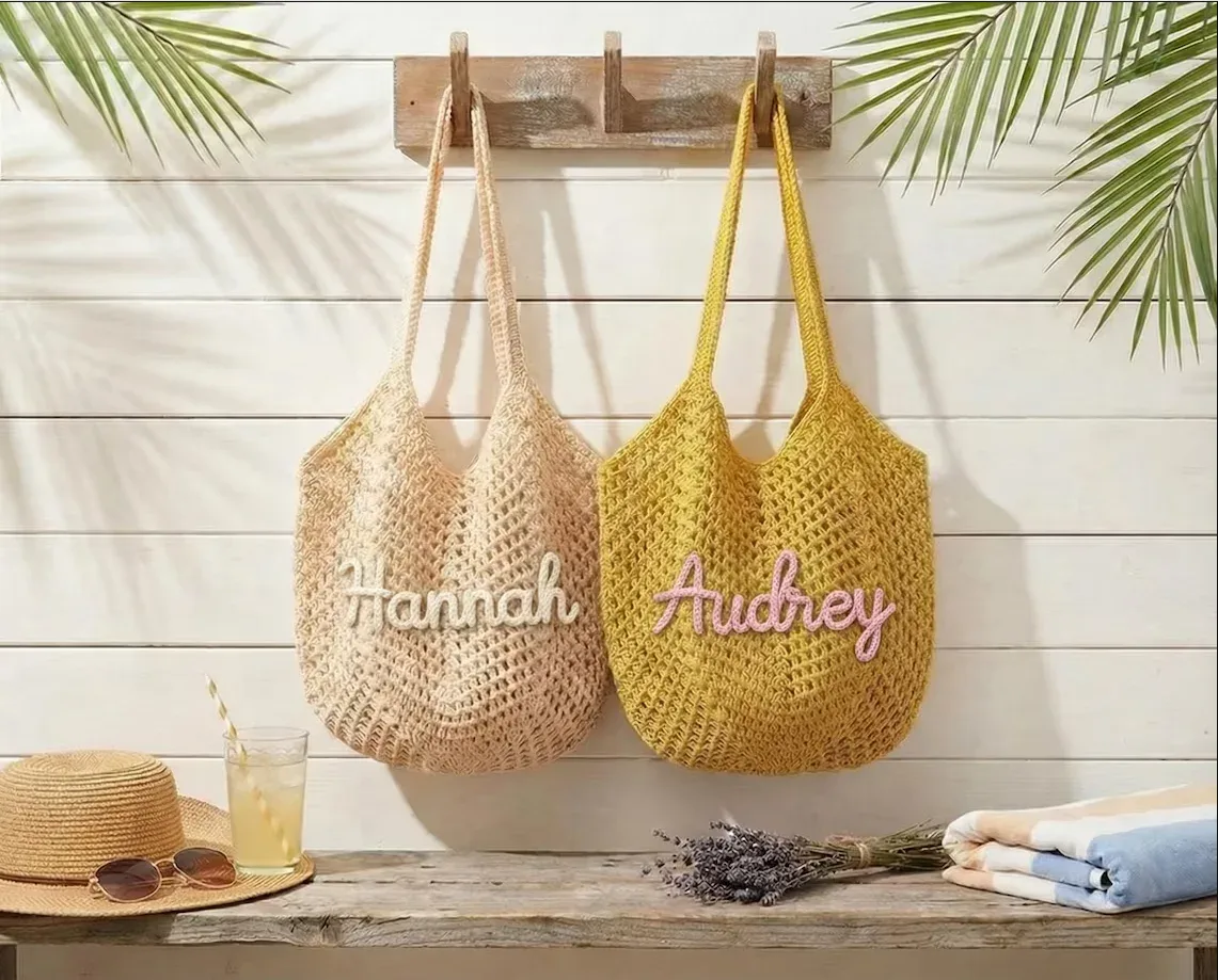 sac de plage au crochet personnalisé, sac fourre-tout d'été, sac cadeau pour demoiselle d'honneur, sac cadeau pour enterrement de vie de jeune fille, sac artisanal écologique