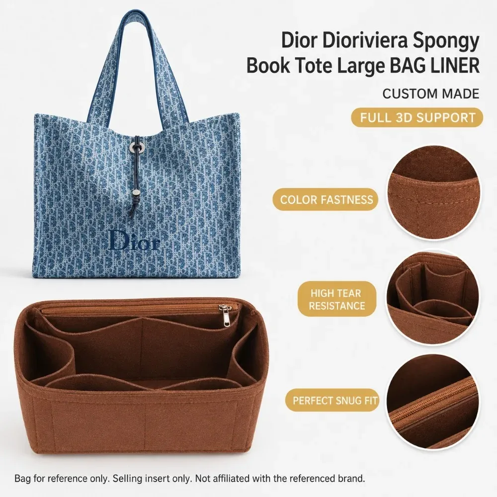 organisateur de sac à main en feutre marron avec poche zippée, doublure multi-compartiments pour sac fourre-tout, pour le travail, les voyages, le rangement (sac non inclus)