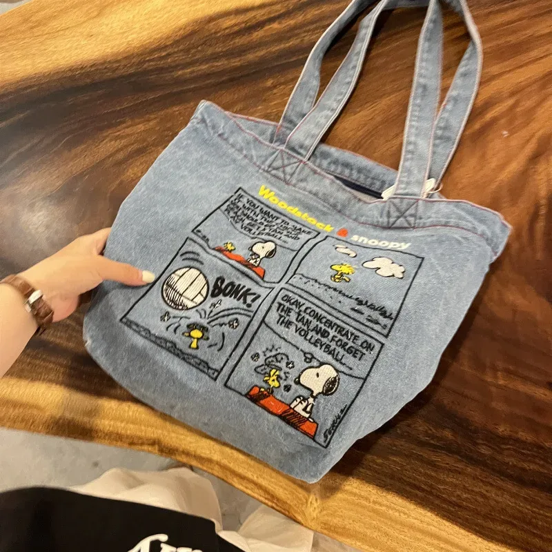 nouveau sac à bandoulière brodé snoopy de style japonais, sac en jean rétro polyvalent, sac fourre-tout grande capacité, sac de voyage portable
