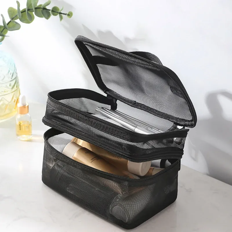 Sac de rangement de cosmétiques de voyage à 2 couches, pochette de rangement transparente pliante en maille à fermeture éclair, sac de Kit de lavage de maquillage de grande capacité 2024