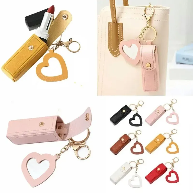 1 pièce pochette portable en cuir pu pour rouge à lèvres, mini trousse de maquillage, étui pour baume à lèvres, porte-clés, étui de protection pour rouges à lèvres avec miroir