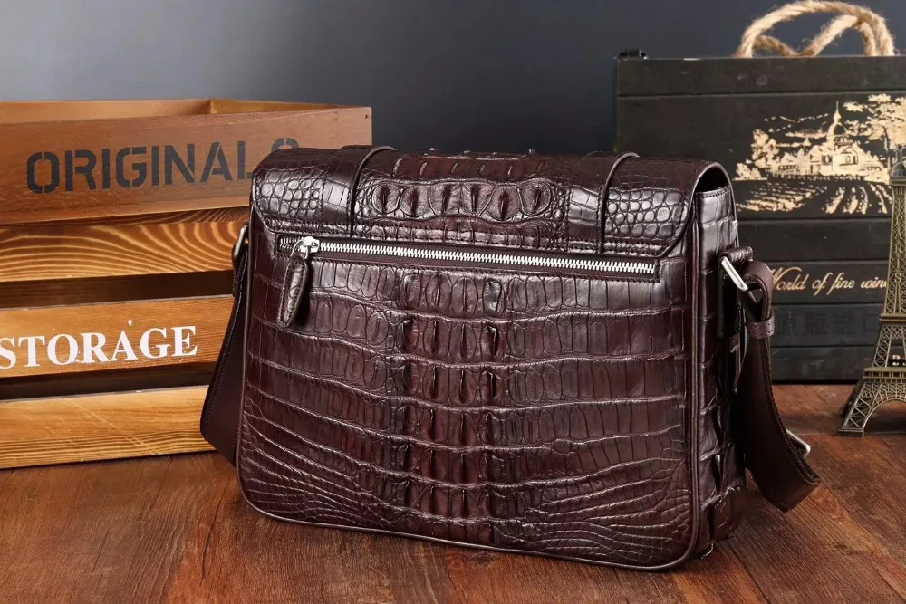 sac à bandoulière messager en peau de crocodile 100% véritable/réel pour hommes, sac à bandoulière en peau de crocodile pour loisirs et affaires marron