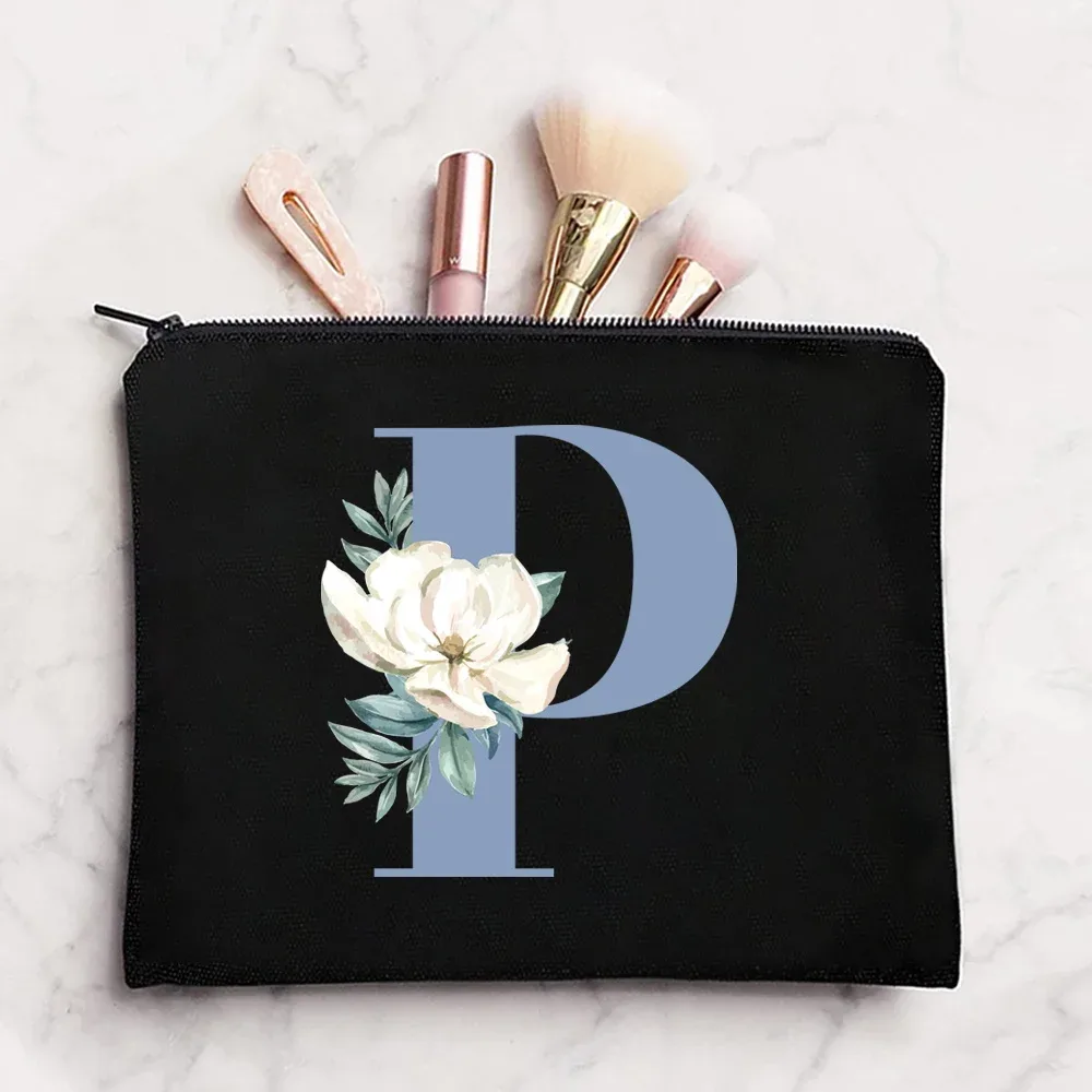 sac à cosmétiques en tissu pour femmes, pochette de maquillage, sac de voyage, rouge à lèvres, étuis de rangement, pochette à fermeture éclair, porte-monnaie de téléphone, initiales bleues imprimées
