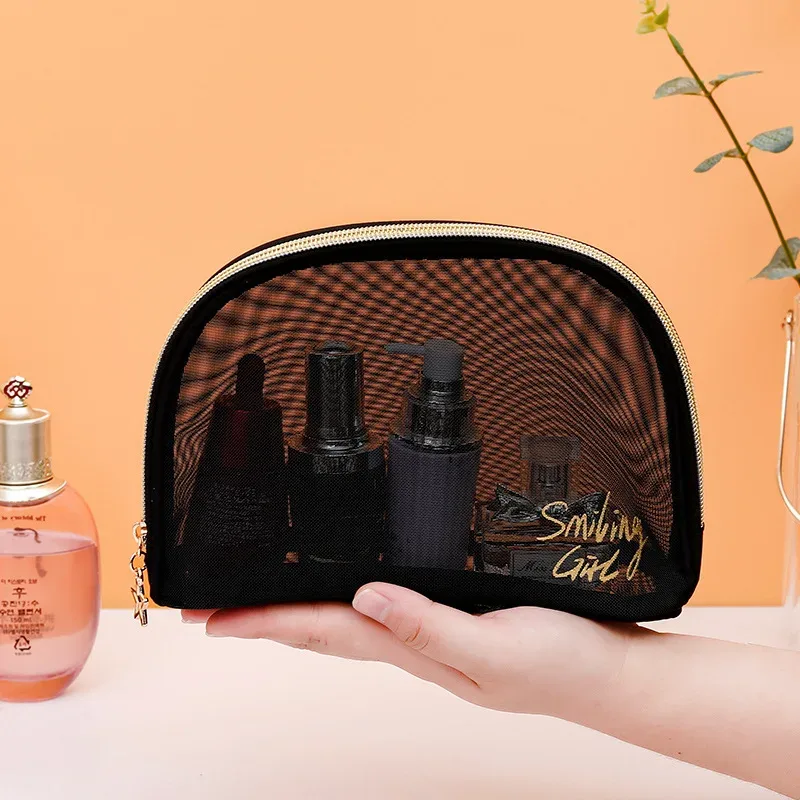 trousse à cosmétiques en maille noire transparente pour femme, trousse de maquillage, petite et grande trousse de toilette, étui de voyage pour pinceaux, 1pc