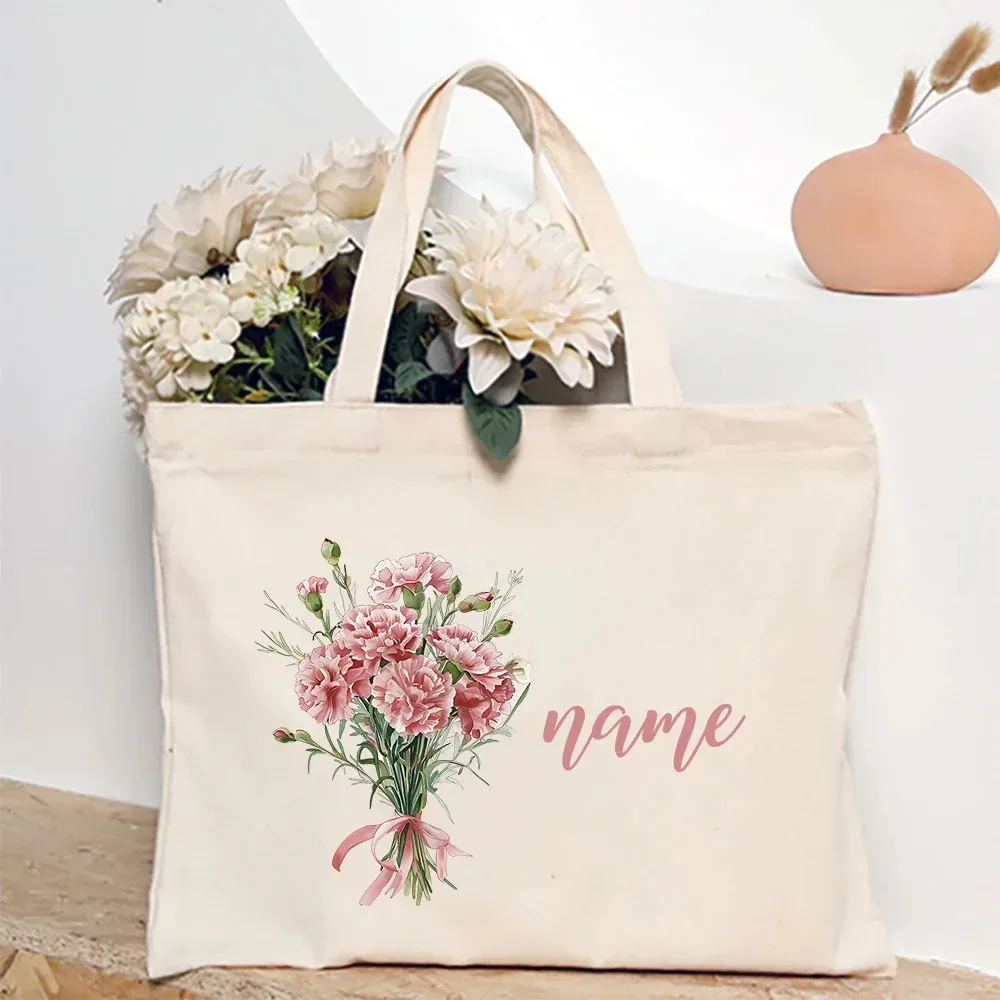 sac à bandoulière personnalisé avec fleur du mois de naissance et nom, sac fourre-tout en toile monogramme, idéal pour mariage, anniversaire, fête, meilleur cadeau pour elle