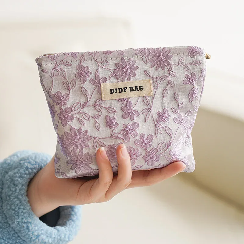 sac à cosmétiques pour femmes, petit sac de rangement vintage à fleurs violettes pour cosmétiques, rouge à lèvres, porte-monnaie portable, porte-carte de banlieue ins
