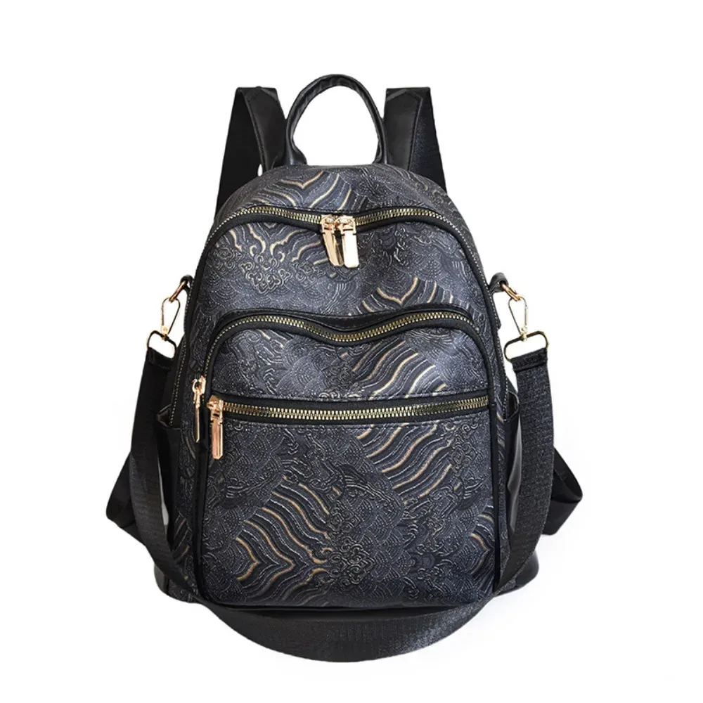 sac à dos décontracté pour femmes de grande capacité, en pu, style ethnique, sac à bandoulière polyvalent, avec poignée supérieure, broderie imprimée, mini sac à dos de voyage.