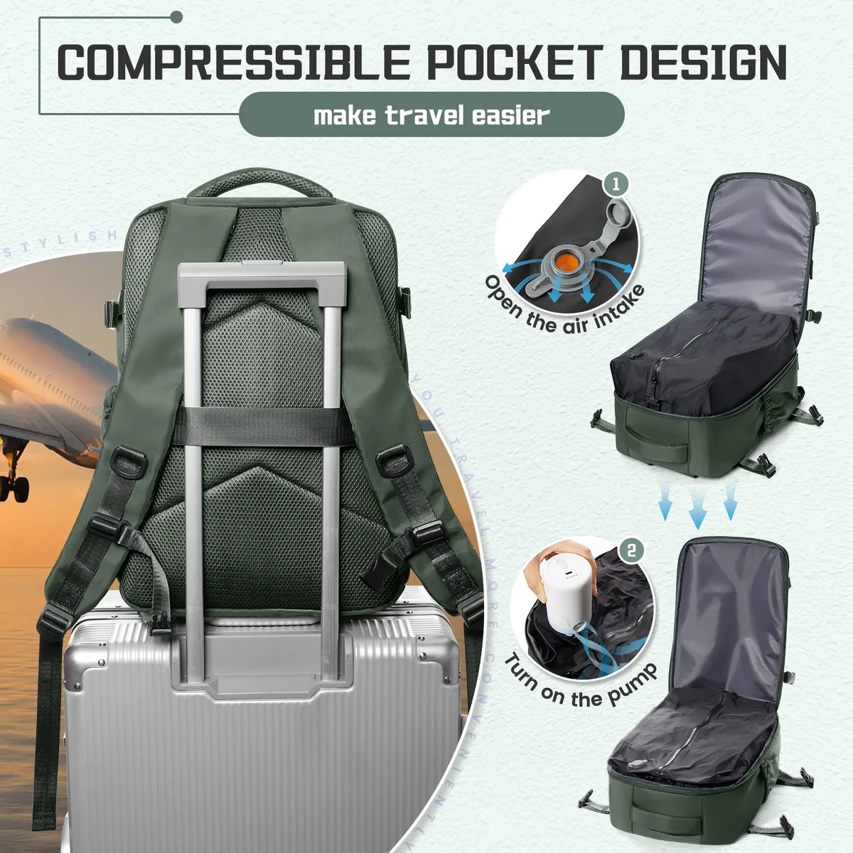 sac à dos de compression sous vide d'air, sac à dos pour ordinateur portable professionnel, sac à dos de voyage sous vide antivol de grande capacité pour femmes et hommes, randonnée