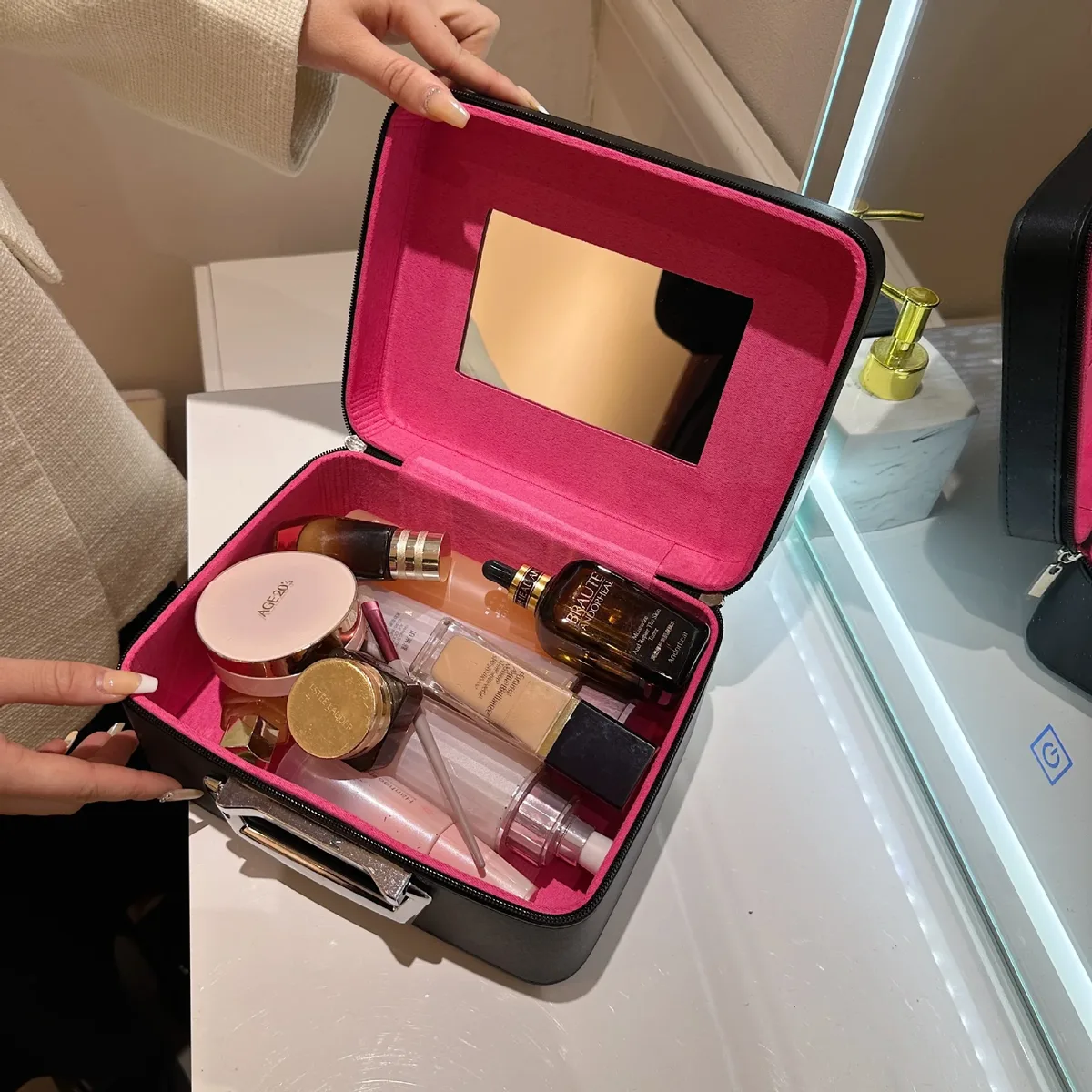 sac à cosmétiques portable en cuir argyle pour femme, multifonction, étanche, rangement de voyage, organisateur, sac à main, miroir, étui de maquillage