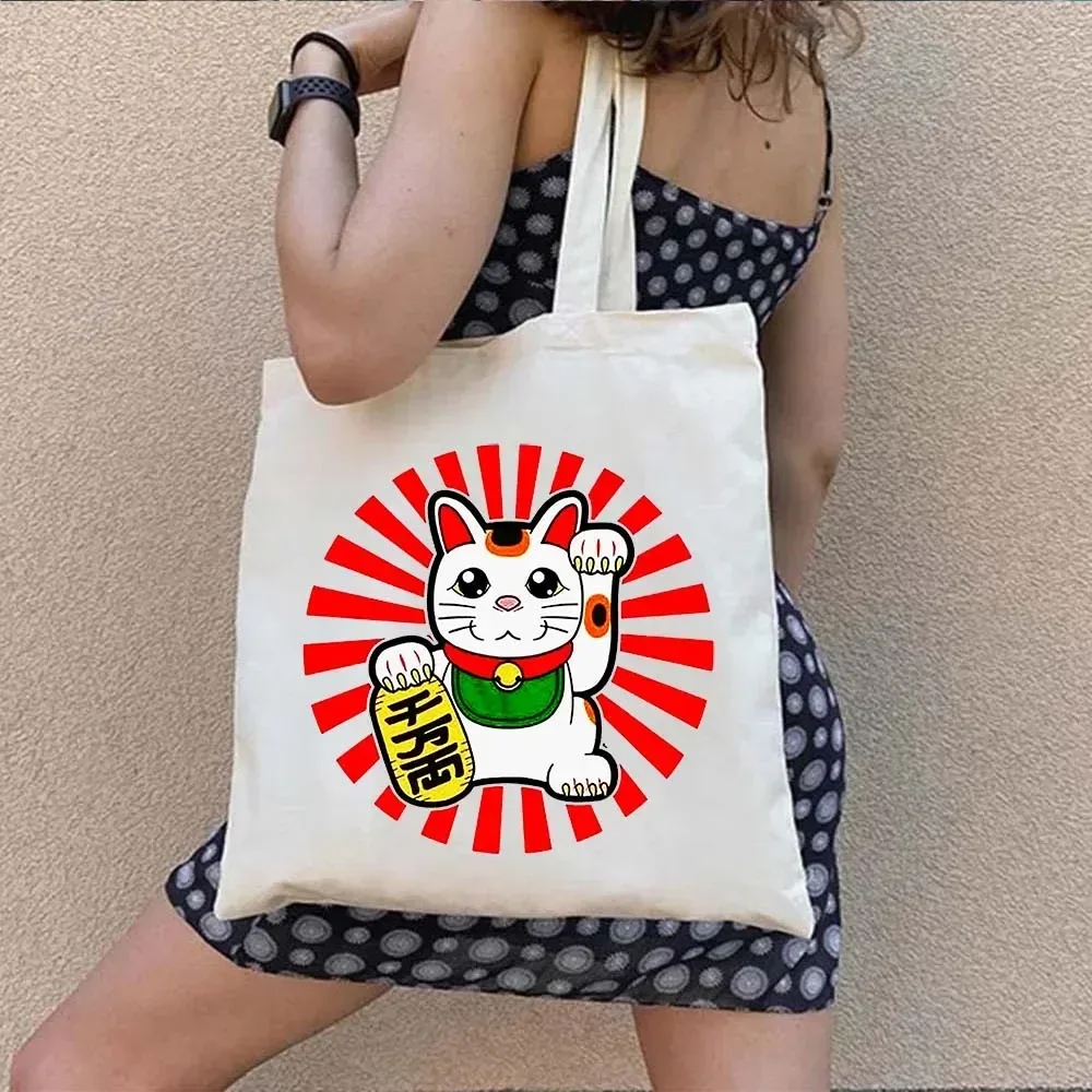 sac fourre-tout en toile à bandoulière pour le shopping, motif maneki neko, chat porte-bonheur japonais mignon, style mont fuji, style japonais, geisha de kyoto, tokyo japon