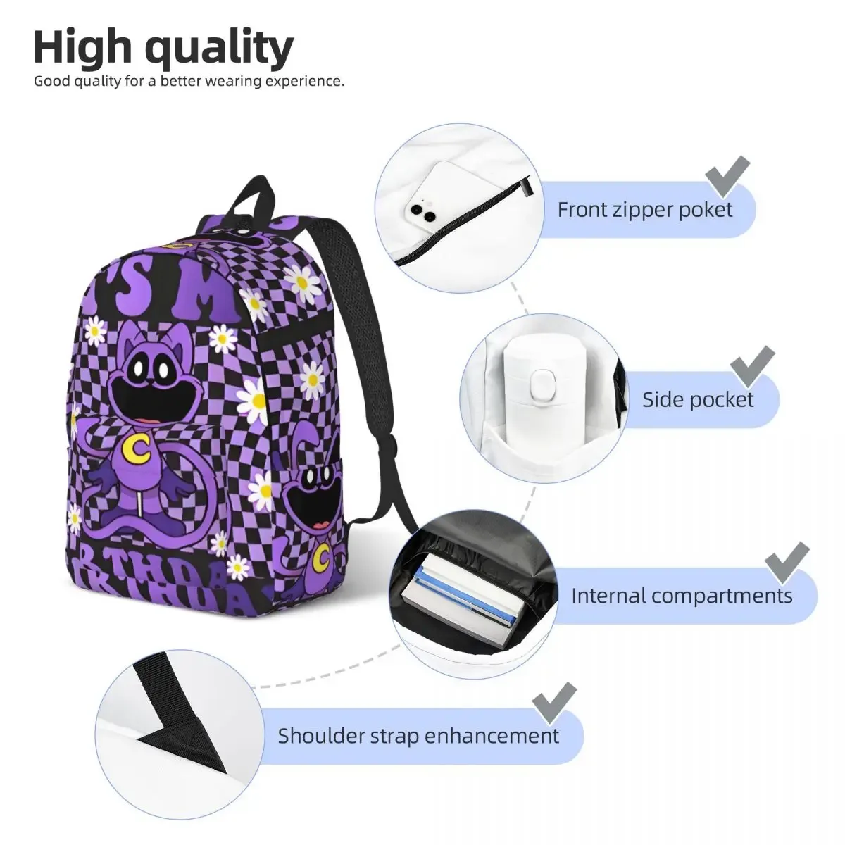 sac à dos en toile personnalisé avec impression 3d de créatures souriantes pour garçons et filles, sacs de voyage pour collège et école, sac à livres pour ordinateur portable de 15 pouces