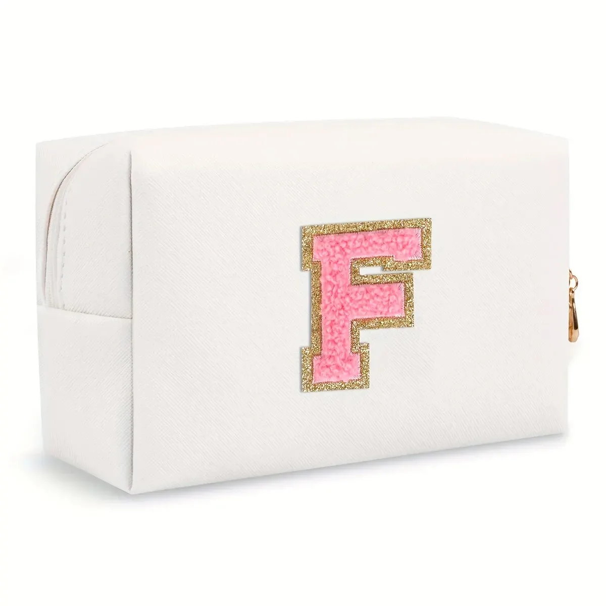 trousse de maquillage preppy pour femmes, trousse de toilette de voyage, sac à cosmétiques avec lettres en chenille, pochette étanche en cuir pu, joli organisateur à fermeture éclair-ll