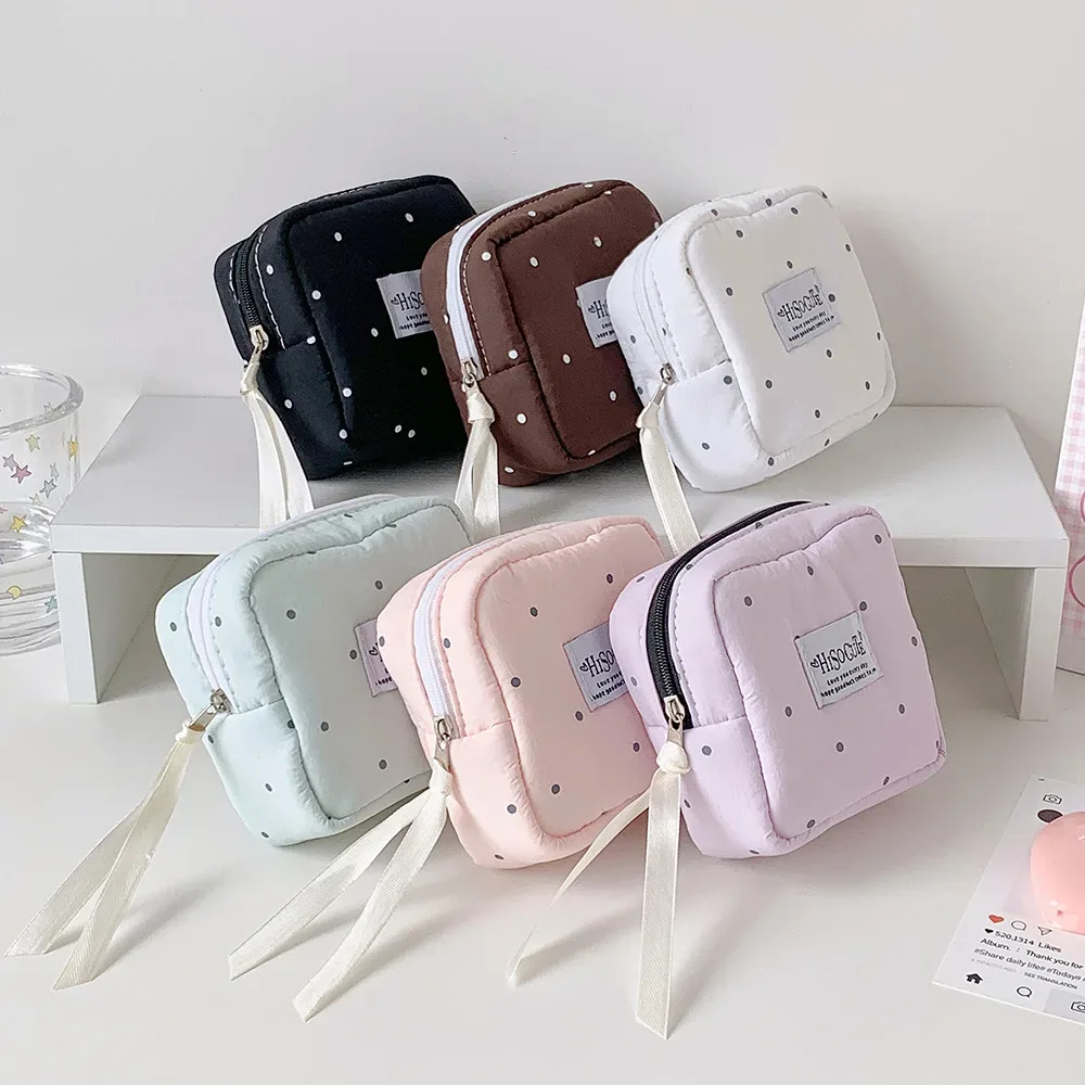 pochette cosmétique carrée à pois, petite pochette portable pour rouge à lèvres, sac de rangement simple pour serviettes hygiéniques pour étudiantes