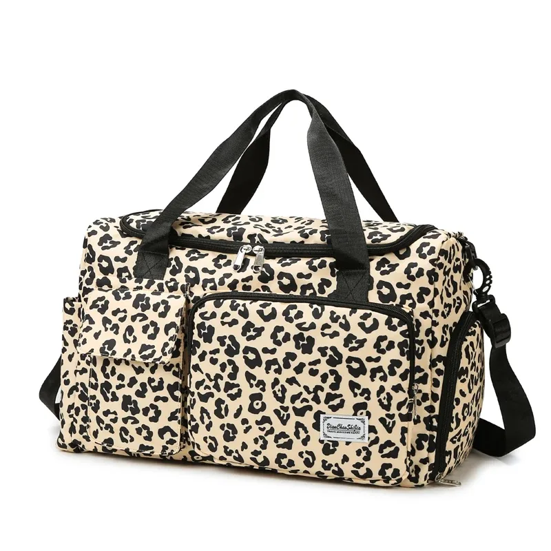sac à bagages de loisirs de grande capacité imprimé léopard classique, avec plusieurs poches et compartiment à chaussures, sac de voyage de sport et de fitness