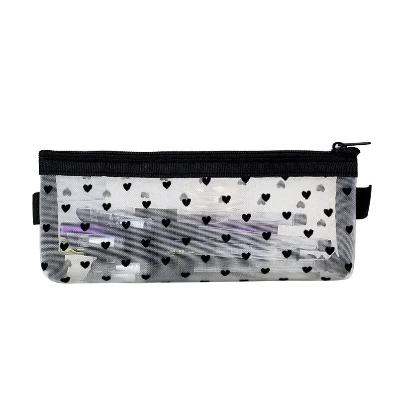 trousse de maquillage en maille avec fermeture éclair transparente, étui à crayons imprimé cœur noir, porte-stylo, poudres cosmétiques mignonnes, à transporter