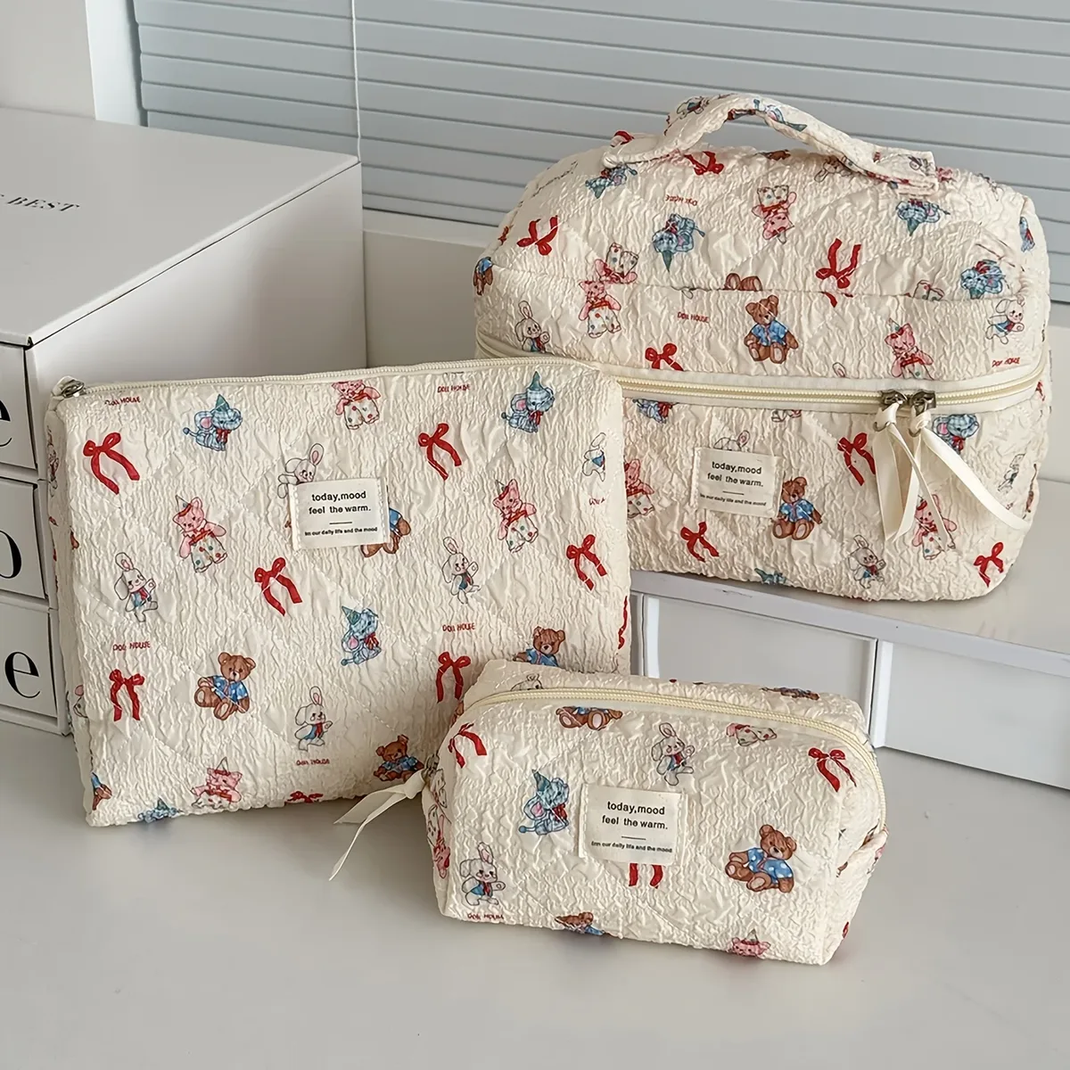 trousse de maquillage matelassurera en coton pour femme, trousse de toilette portable pour fille, sac à main à fermeture éclair pour femme, trousse cosmétique, évaluation, gril, 3 pièces