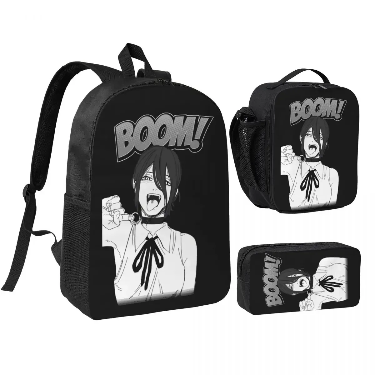 anime tronçonneuse homme 3pecs/ensemble sac à dos pour étudiant ordinateur portable sac à bandoulière sac à déjeuner trousse à crayons