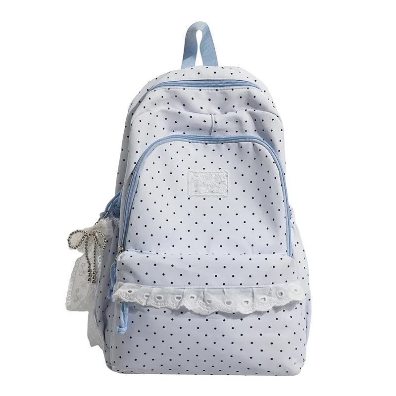 sac à dos scolaire en nylon de grande capacité, style coréen, orné de dentelle à pois et d'un joli nœud décoratif, idéal pour les filles, pour les voyages quotidiens.