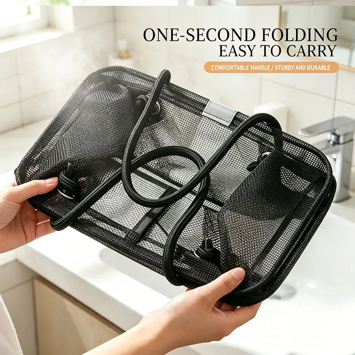 sac de toilette portable en maille avec poignée, séchage rapide, grande capacité, pour salle de bain, douche, voyage, maquillage, sac à main organisateur, panier
