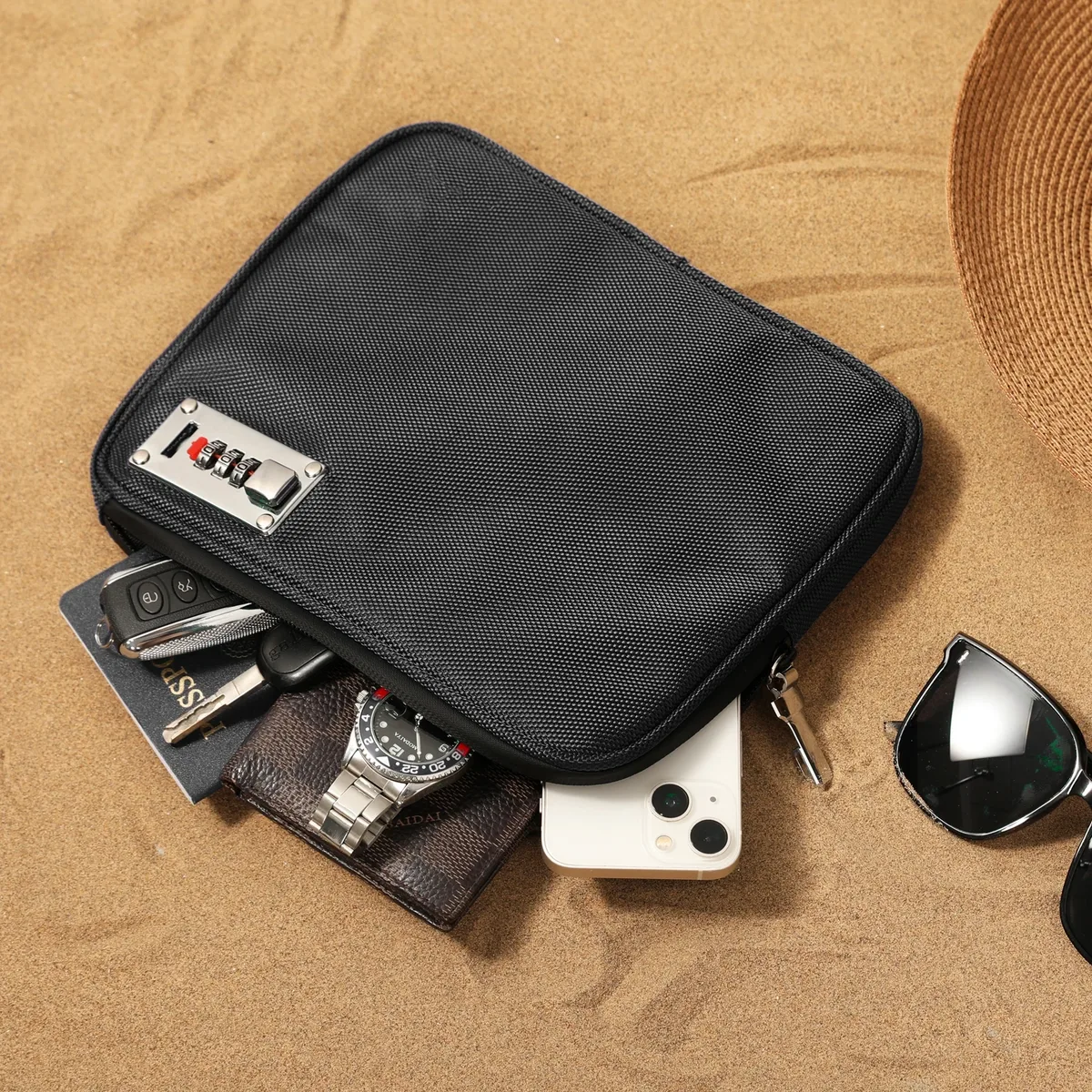 Sac de plage verrouillable avec câble, tissu Oxford, sac de voyage pour passeport, téléphone, espèces et articles importants