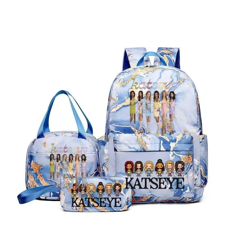 sacs à dos katseye à imprimé amusant avec sacs à lunch, multi-poches, camouflage, pour adolescents, sac à dos de voyage pour ordinateur portable, sac d'école pour femmes, mochila