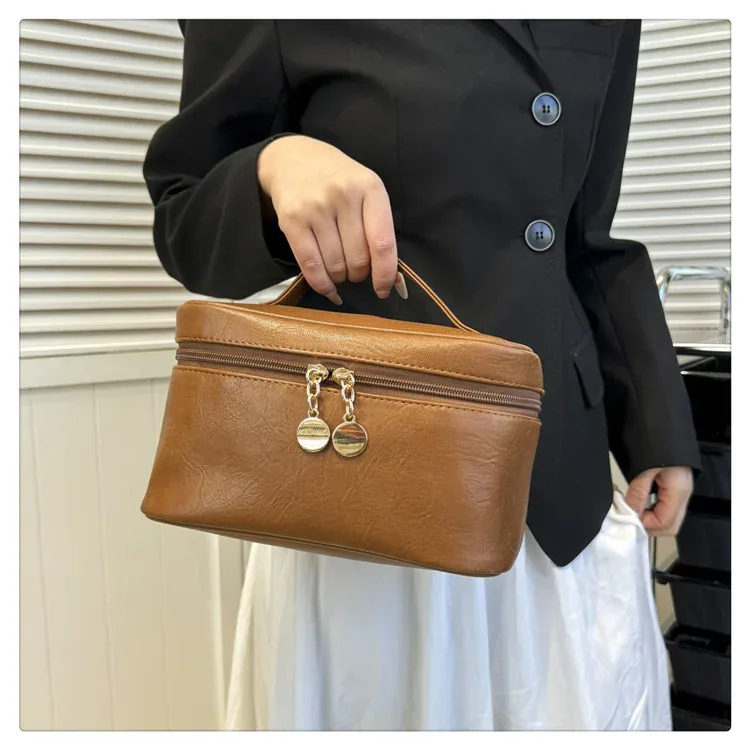 nouveaux sacs de rangement de cosmétiques de couleur unie, sacs de boîte carrée de grande capacité, étui de maquillage en cuir pu pour femmes, sacs de voyage de lavage de toilette