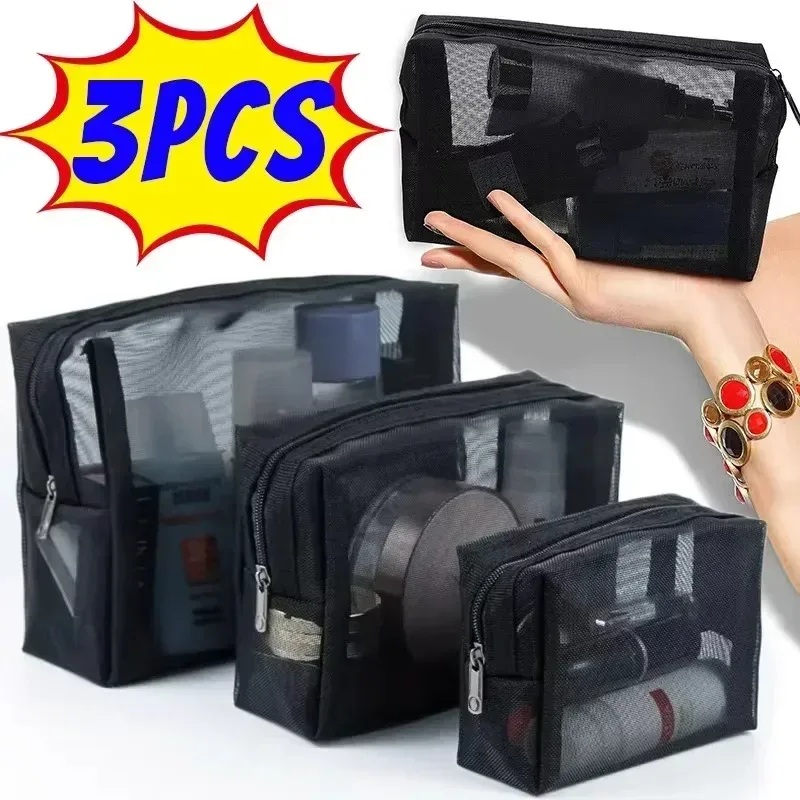 sacs de maquillage noirs transparents en maille, trousse à cosmétiques, étuis à crayons, pocommuniste pour poudres, petite et grande taille, 3 tailles