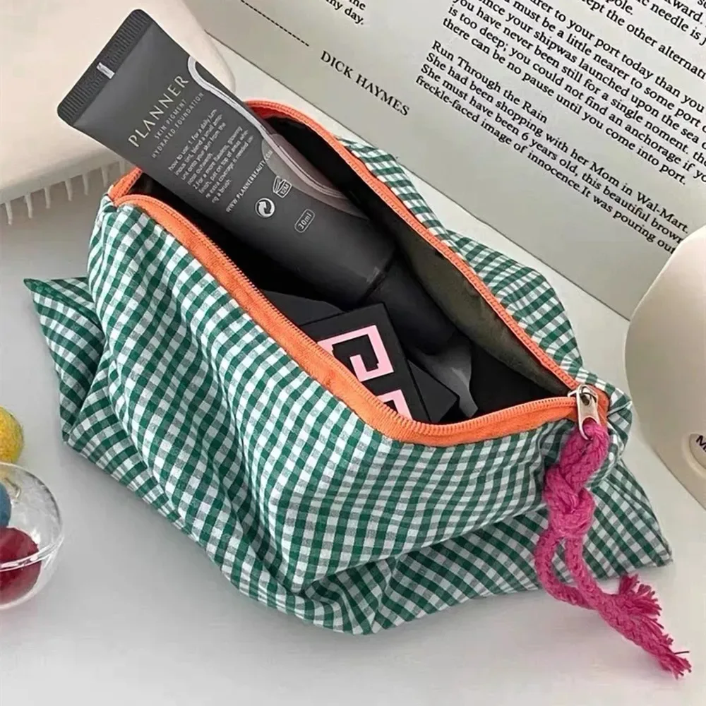 Sac de maquillage à carreaux pour femmes et filles, grande capacité, sac cosmétique en coton, simple, portable, sac de rangement, pochette, sac de voyage, pochette de maquillage
