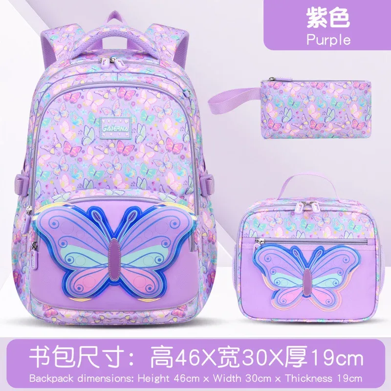 sac à dos scolaire pour filles, 3 pièces/ensemble, avec sac à déjeuner et trousse à crayons, sac à dos mignon en forme de papillon, sac à dos pour élèves du primaire et du collège