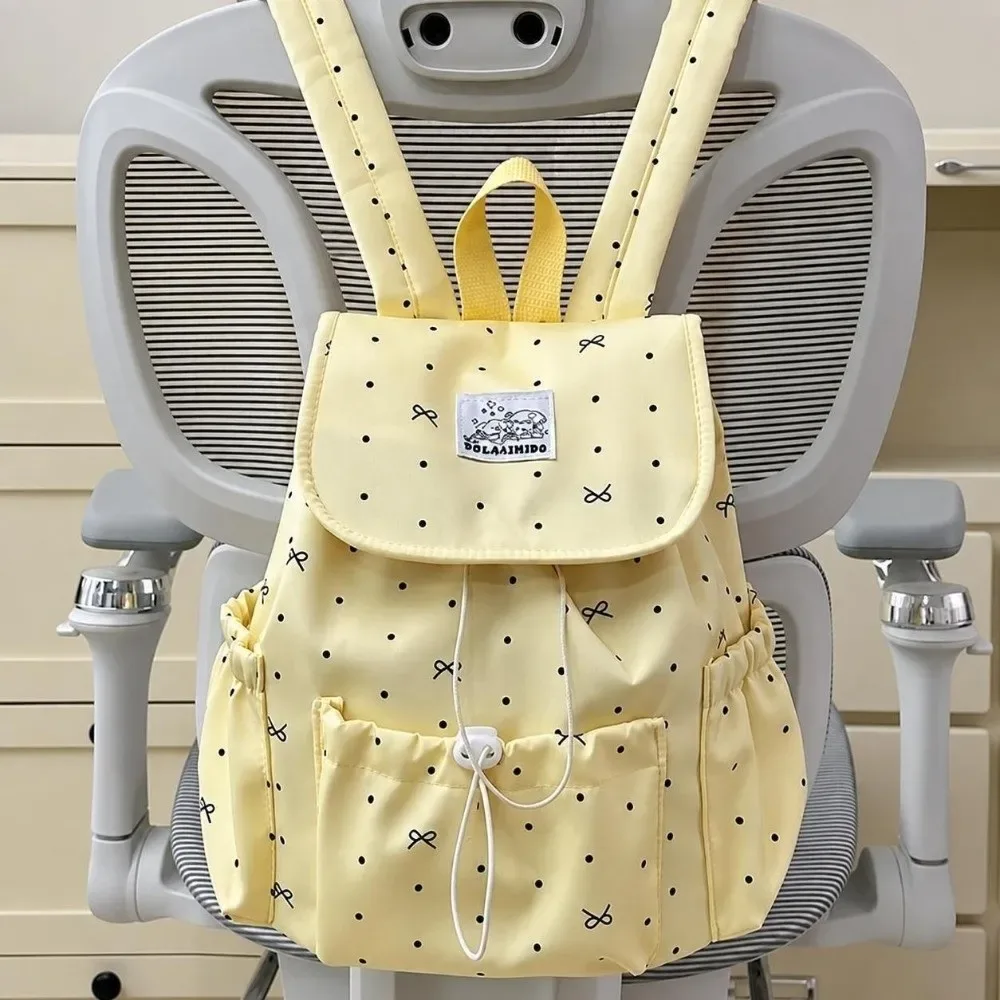 sac à dos à cordon de serrage à pois, grande capacité, ultra léger, double bandoulière, en nylon, avec nœud papillon, pour femme