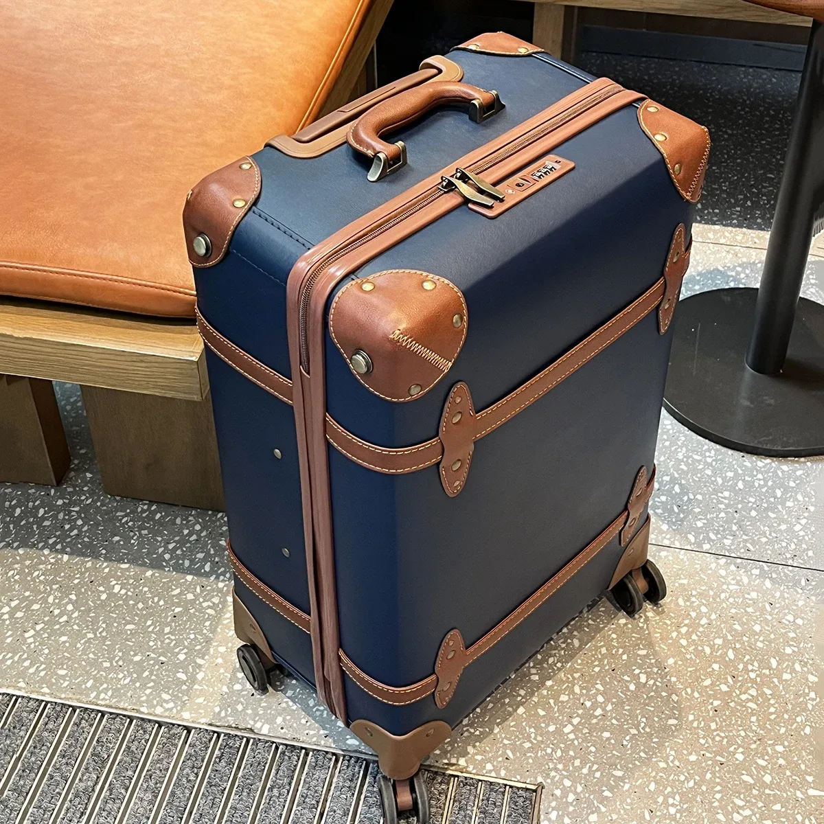 valise de voyage vintage en cuir bleu pour affaires, bagage à main 20 pouces + valise à roulettes 24 pouces, avec serrure tsa, style universitaire, unisexe