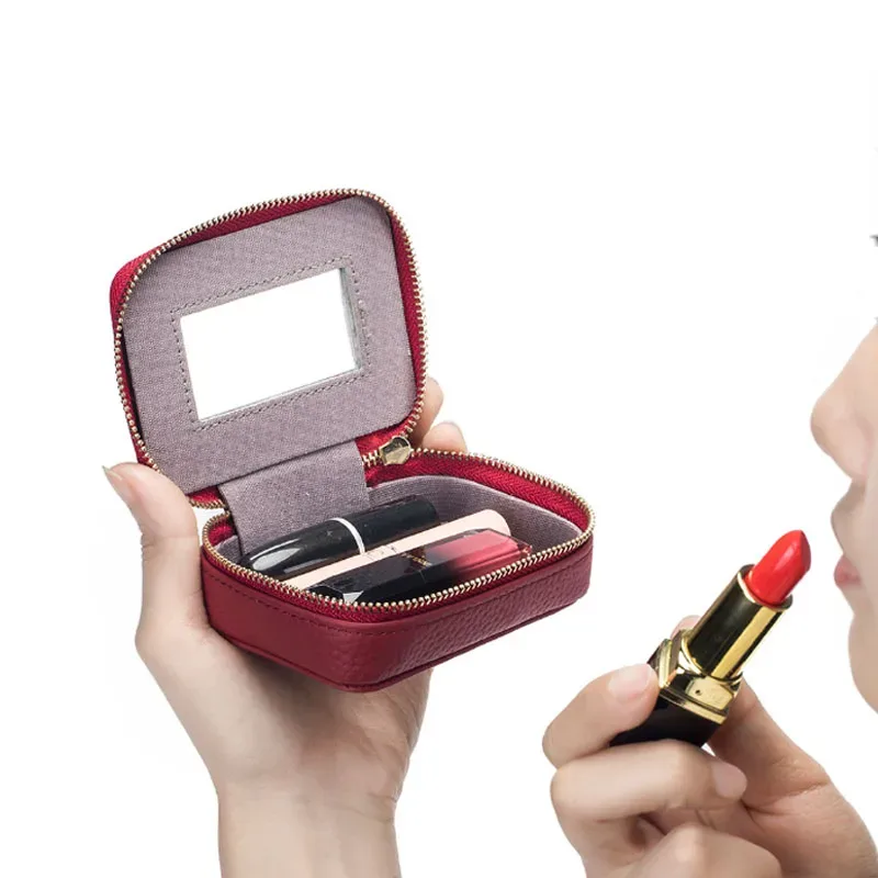 mini sac cosmétique en cuir véritable avec tête miroir pour femme, sac de rangement de maquillage en peau de cercle, sac à monnaie pour casque et rouge à lèvres