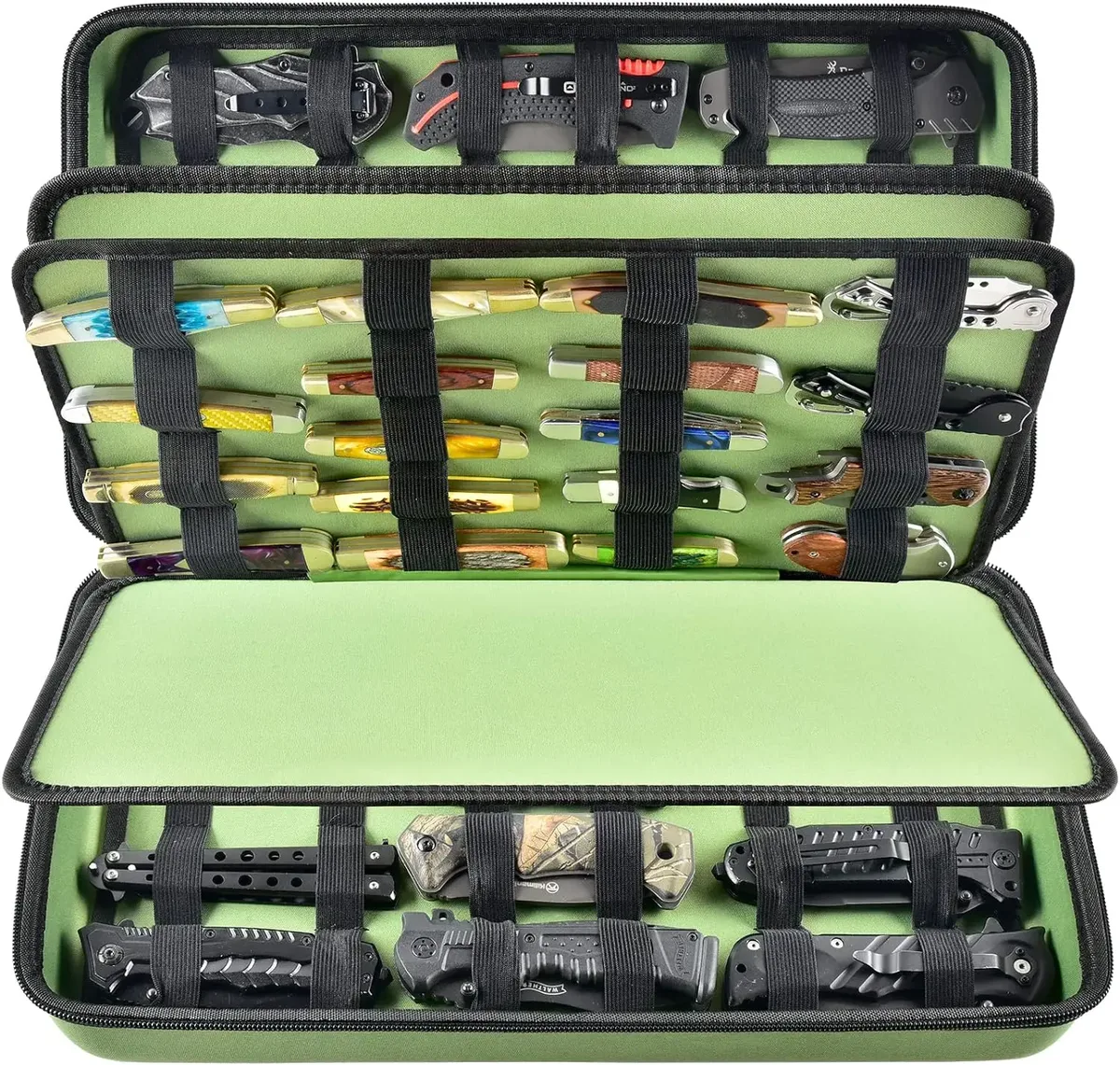 (soulement case) présentoir à couteaux pour plus de 66 couteaux de poche. support pliant, organisateur de rangement papillon, pochette de collecte de rouleaux de couteaux