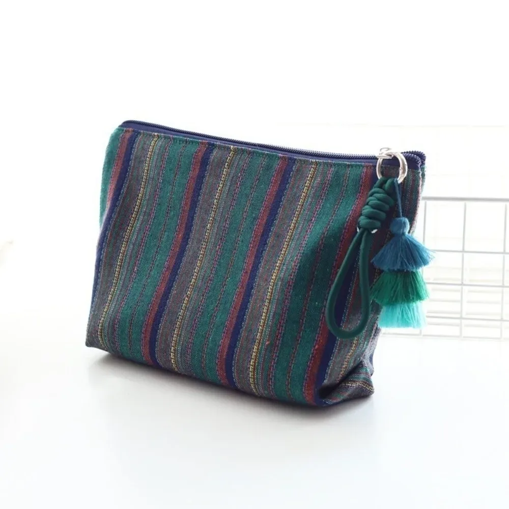 pochette de maquillage ethnique colorée à rayures avec fermeture éclair, sac de rangement de voyage, pendentif à franges, grande capacité, pochette de toilette