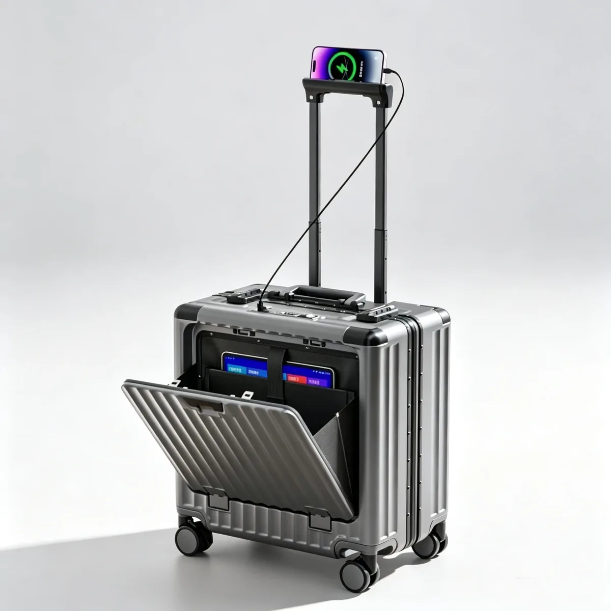 valise à ouverture frontale 18 pouces, bagage à main pour femme, valise à roulettes, coque rigide en pc avec cadre en aluminium, serrure tsa