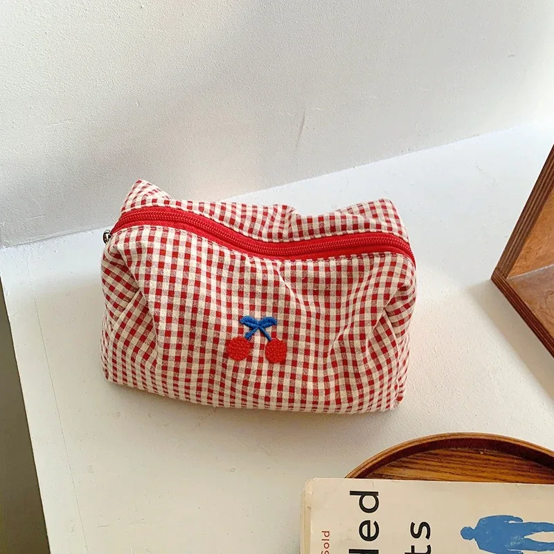 trousse de maquillage rouge à carreaux cerise, trousse à cosmétiques portable, organisateur de voyage, porte-cartes, pochette à monnaie de grande capacité