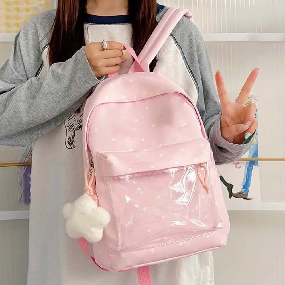 sac ita de style japonais avec fenêtre transparente, bretelles réglables, sac à dos transparent, grande capacité, doublure en polyester, sac à dos à pois.