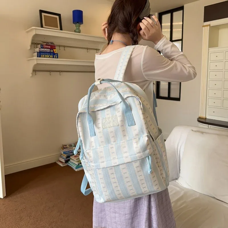 sac à dos en nylon à rayures et imprimé nœud pour femme, léger, mignon, pour étudiante, sac d'école, sac à dos de voyage quotidien pour ordinateur portable a4