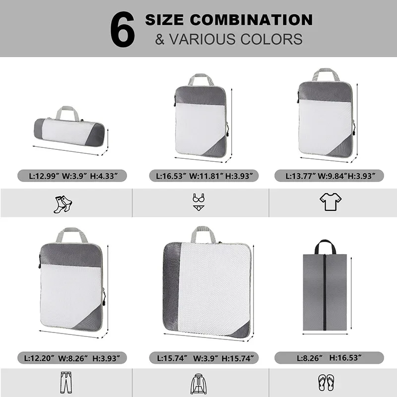 sac de rangement en nylon imperméable à compression de voyage portable, ensemble de pochettes de rangement à motif de grille visuelle pour l'organisation du voyage