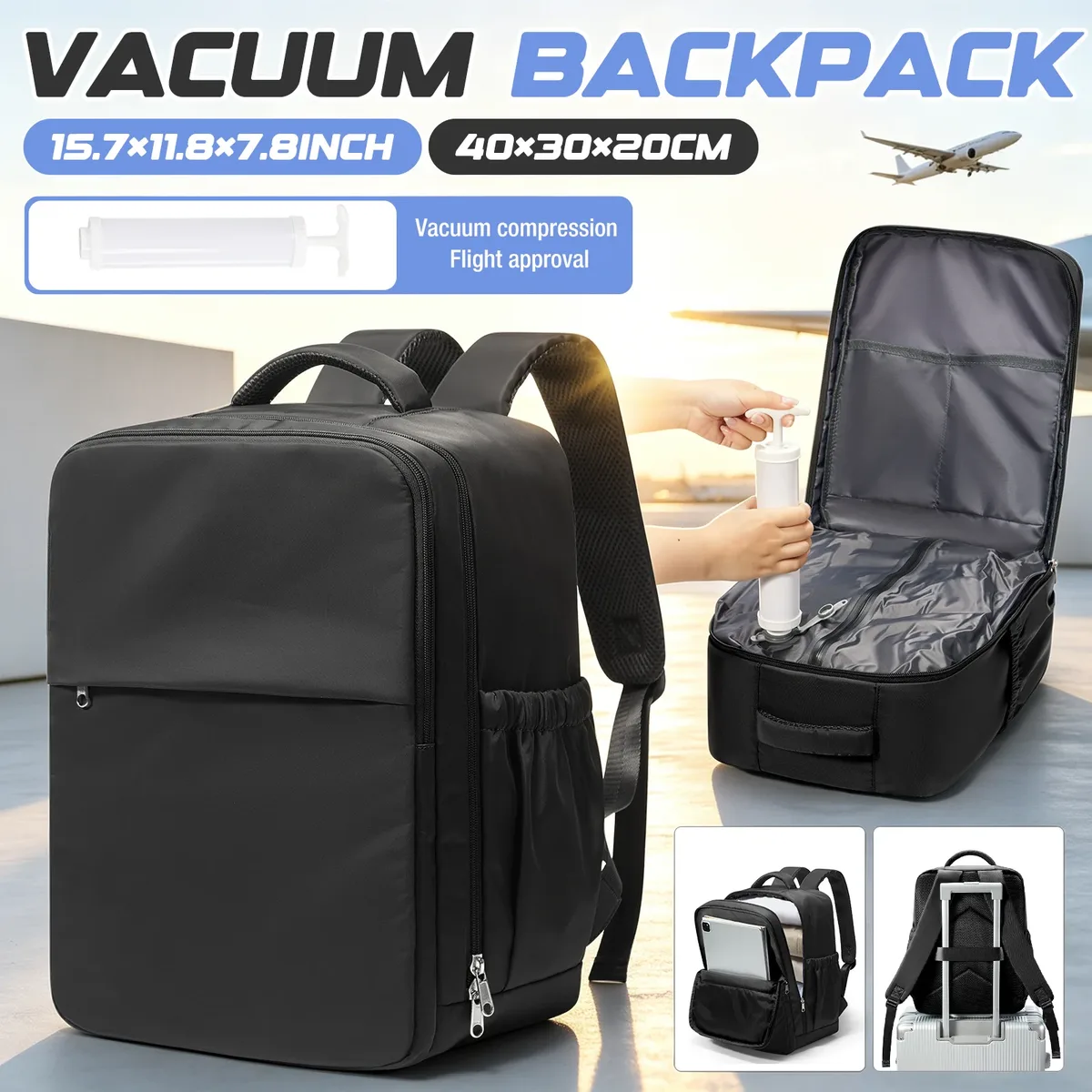 sac à dos de voyage sous vide avec pompe manuelle, compatible ryanair, 40x30x20, pour ordinateur portable, école, avion, bagage à main