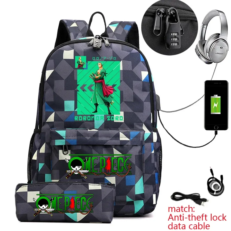 sac à dos d'école imprimé one piece zoro, antivol, pour enfants et adolescents, avec trousse à crayons