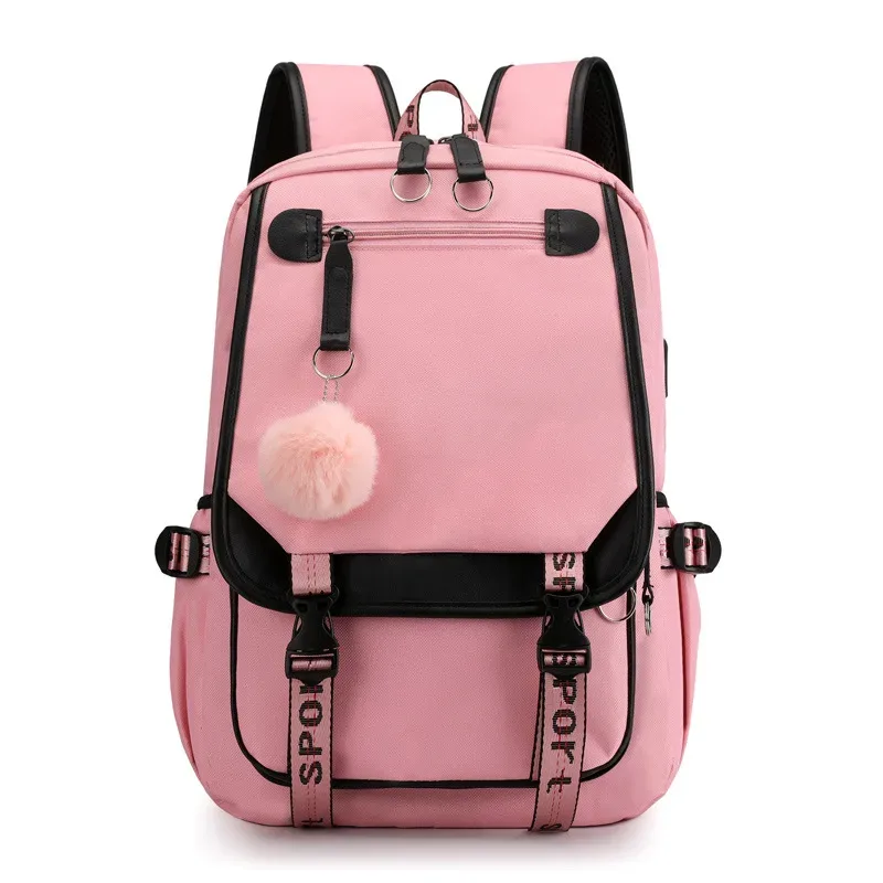 grands sacs d'école pour adolescentes, port usb, cartable en toile, sac de livre d'étudiant, mode noir rose, sac à dos d'école pour adolescents