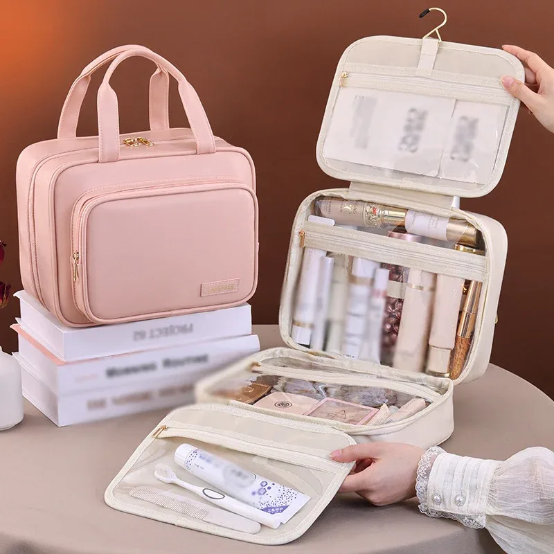 nouveau sac à cosmétiques suspendu en cuir pu pour femmes, rangement portable, organisateur de maquillage, sacs de rangement de toilette de voyage de grande capacité