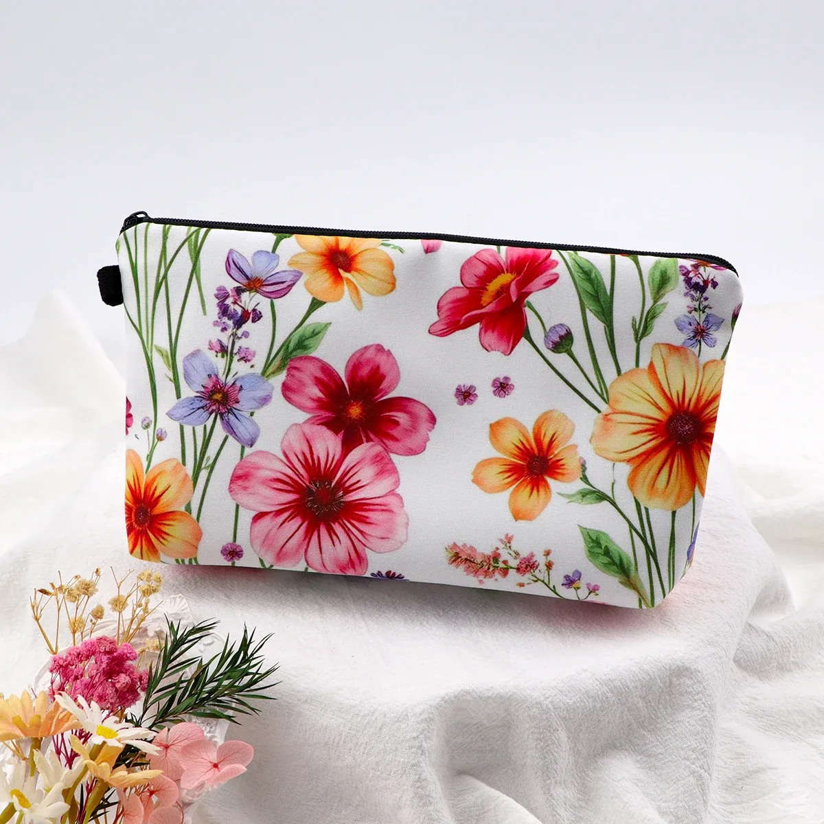 sac de maquillage à fermeture éclair série fleur pour femmes, pochette de rangement de voyage portable, sac de rouge à lèvres de voyage, trousse de maquillage, sacs pour pinceaux cosmétiques