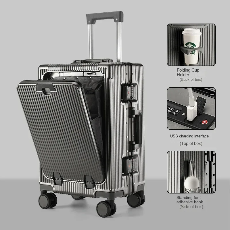 nouvelle valise ouverture avant pochette d'ordinateur cadre en aluminium bagages avec port usb mot de passe boîtier de chariot valises de voyage 20-28 pouces