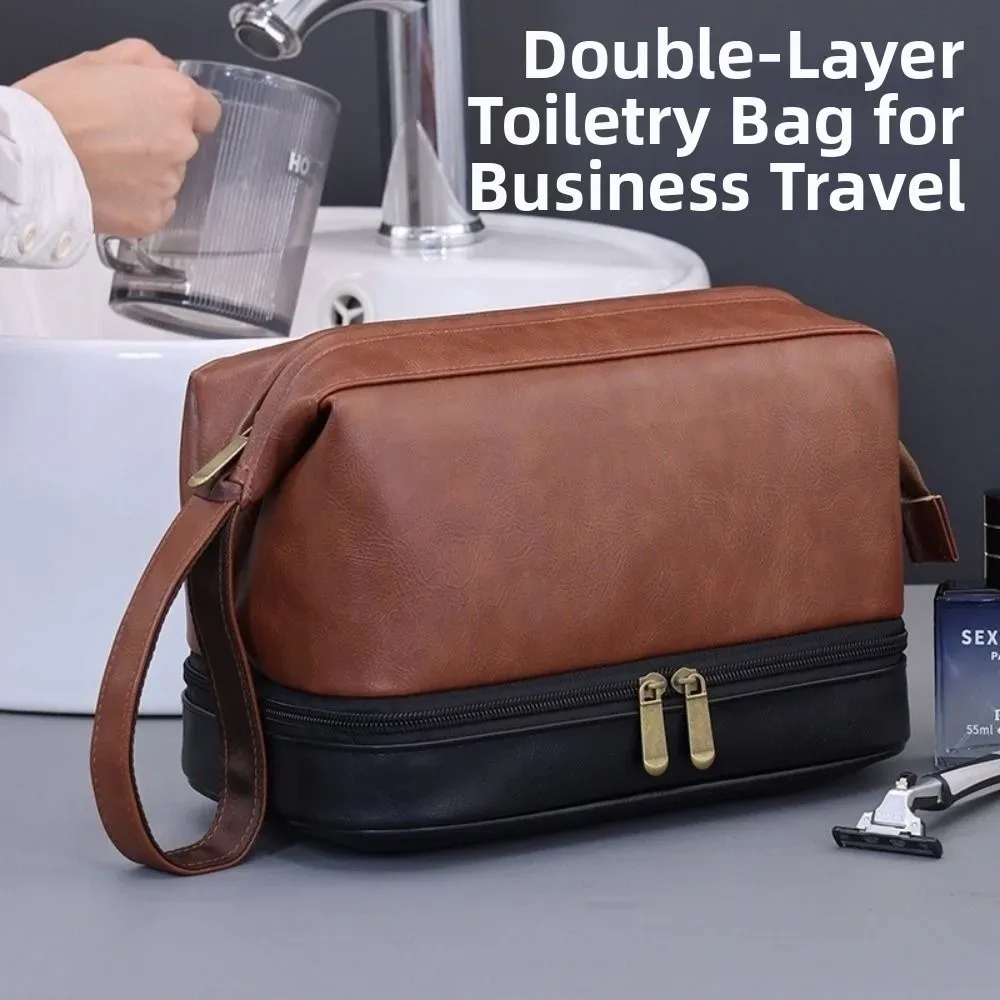 Trousse de toilette rétro en cuir PU pour hommes, grande capacité, étanche, séparation sec-humide, pochette de maquillage professionnelle pour hommes