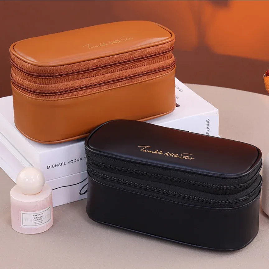 nouvelle trousse de maquillage grande capacité en cuir pu double couche, organisateur de cosmétiques de voyage, pochette de toilette pour essentiels de beauté femme