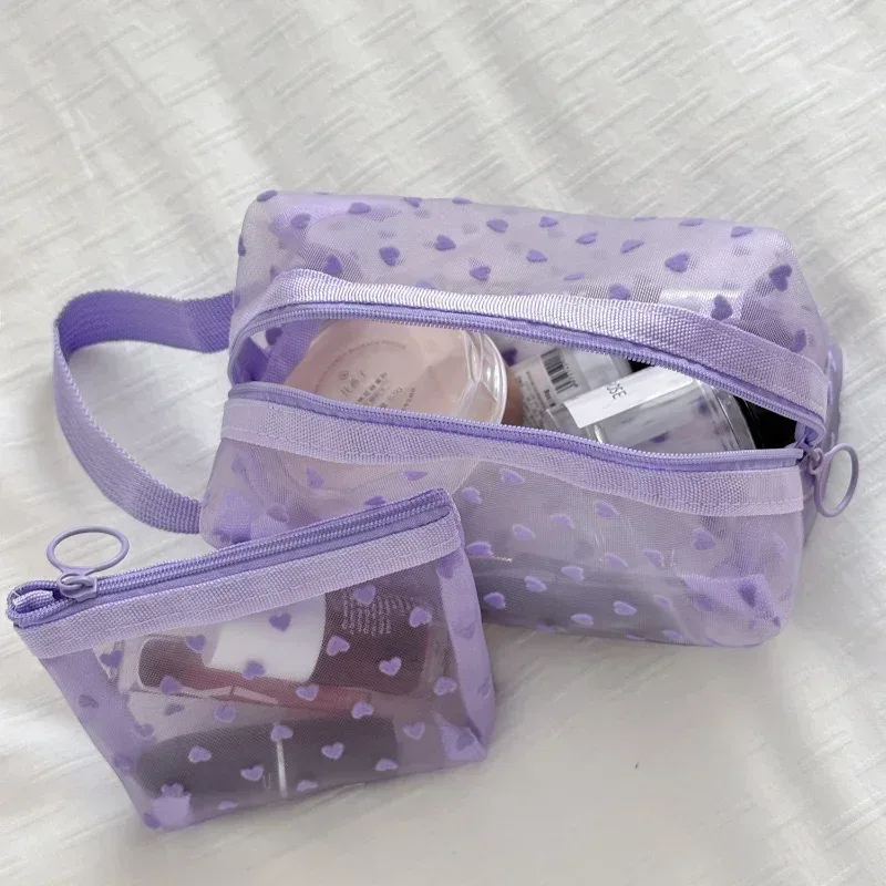 sac de rangement de cosmétiques pour femmes, support organisateur de voyage, sac à main en maille de nylon imprimé cœur violet, sac de maquillage transparent et mignon, pochette