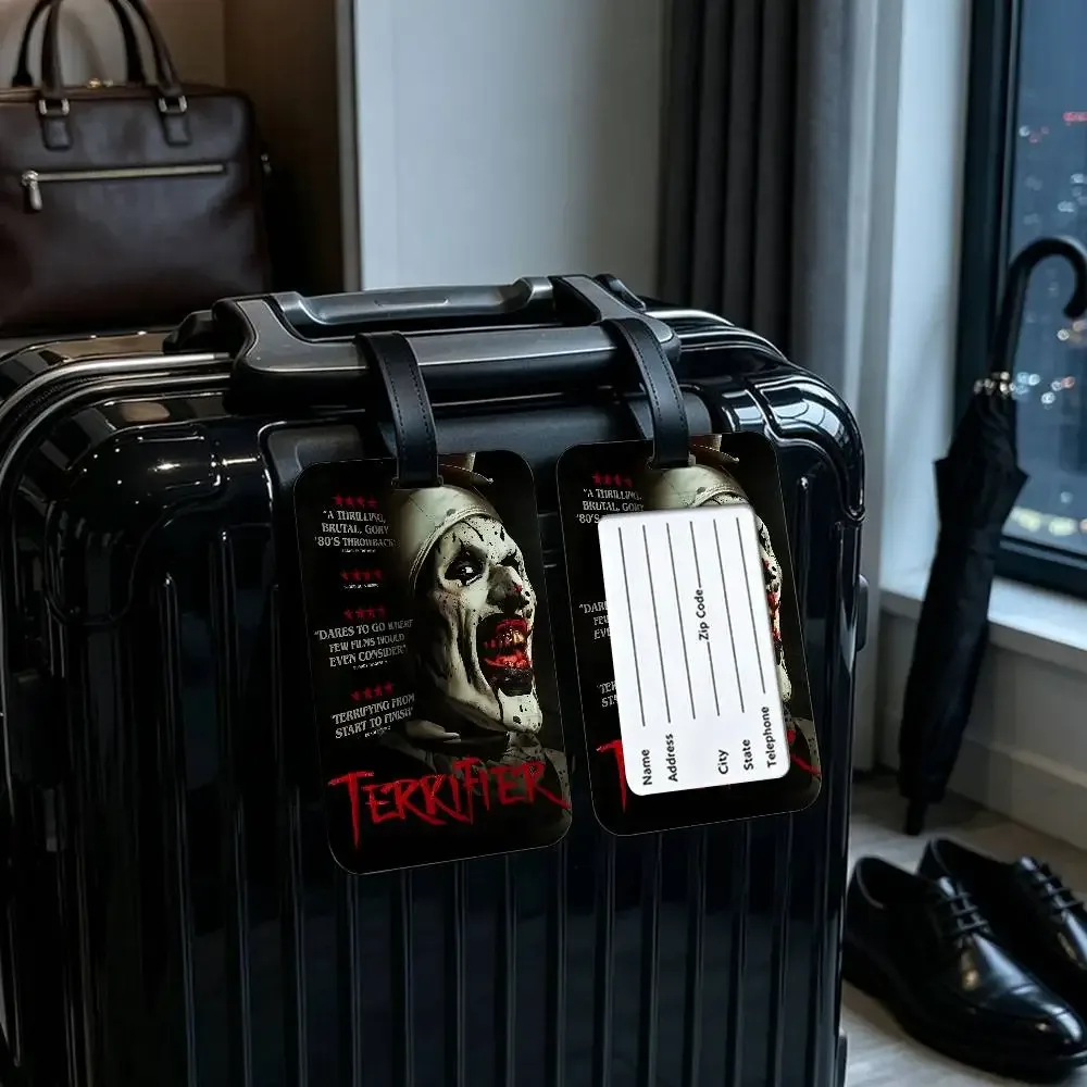 étiquette de bagage en pvc universelle sur le thème du film d'horreur terrifiers, anti-perte, avec carte d'information, étiquette d'identification pour valise et sac à dos